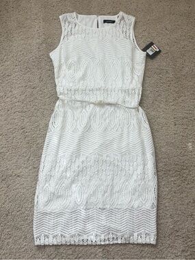 Ellen Tracy White Lace Sleeveless Midi Dress with Slim Belt